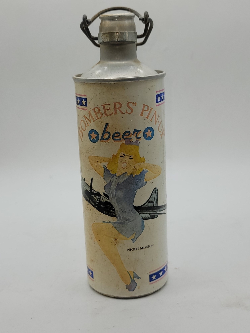 BOMBERS PIN-UP BEER 1 PINT ALUMINUM BEER CAN WITH FLIP-TOP LID